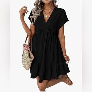 Oversized V-Neck Cotton Blend Black Dress – Size Small